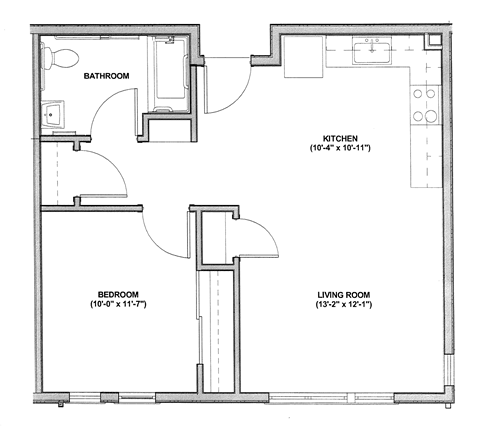 Floor plan for 1 bed, 1 bath, 626 sqft